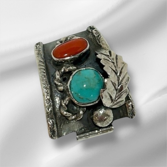 Native American Indian Jewelry - VINTAGE Native American Indian Sterling Silver piece Turquoise Coral Leaf